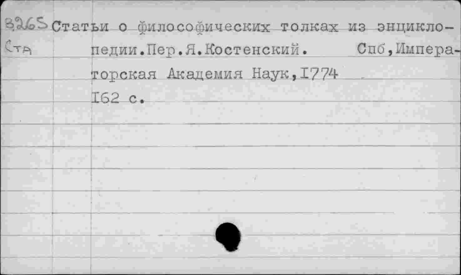 ﻿Статьи о философических толках из энцикло- педии.Пер.Я.Костенский.	Спб,Импера-		
		торская Академия Наук,1774
	—	162 с.
		
		
		
		
		
		
		
		